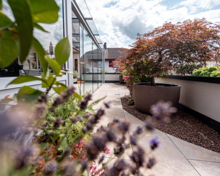 Moderne Terrasse mit Pflanzen und Glasfront.