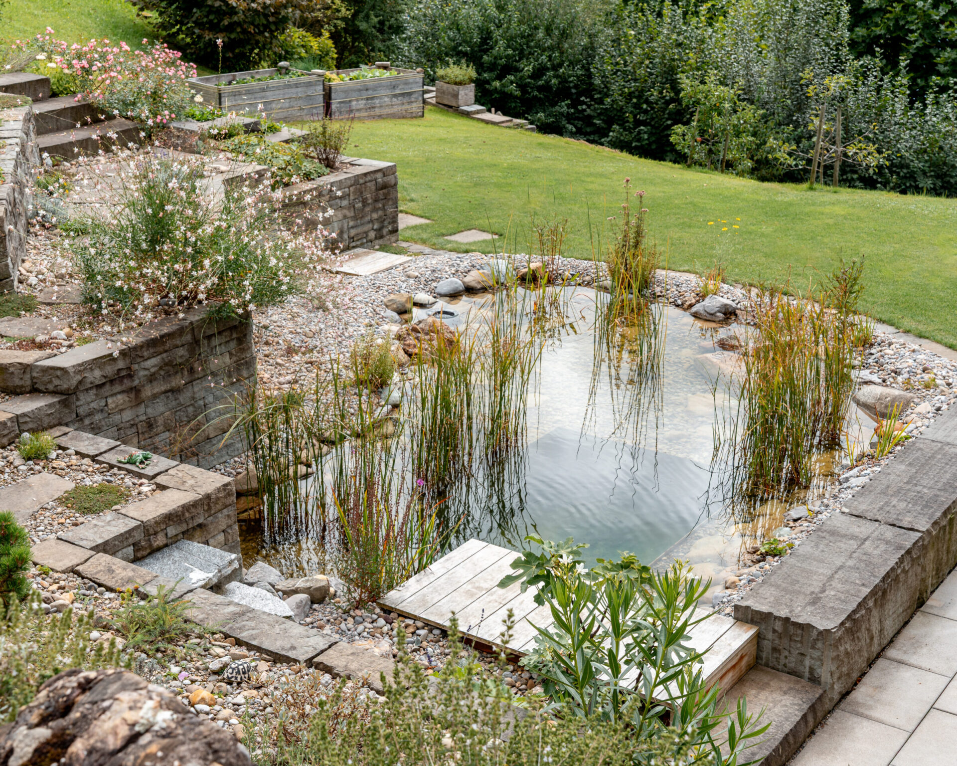 Garten mit Teich und Steinen