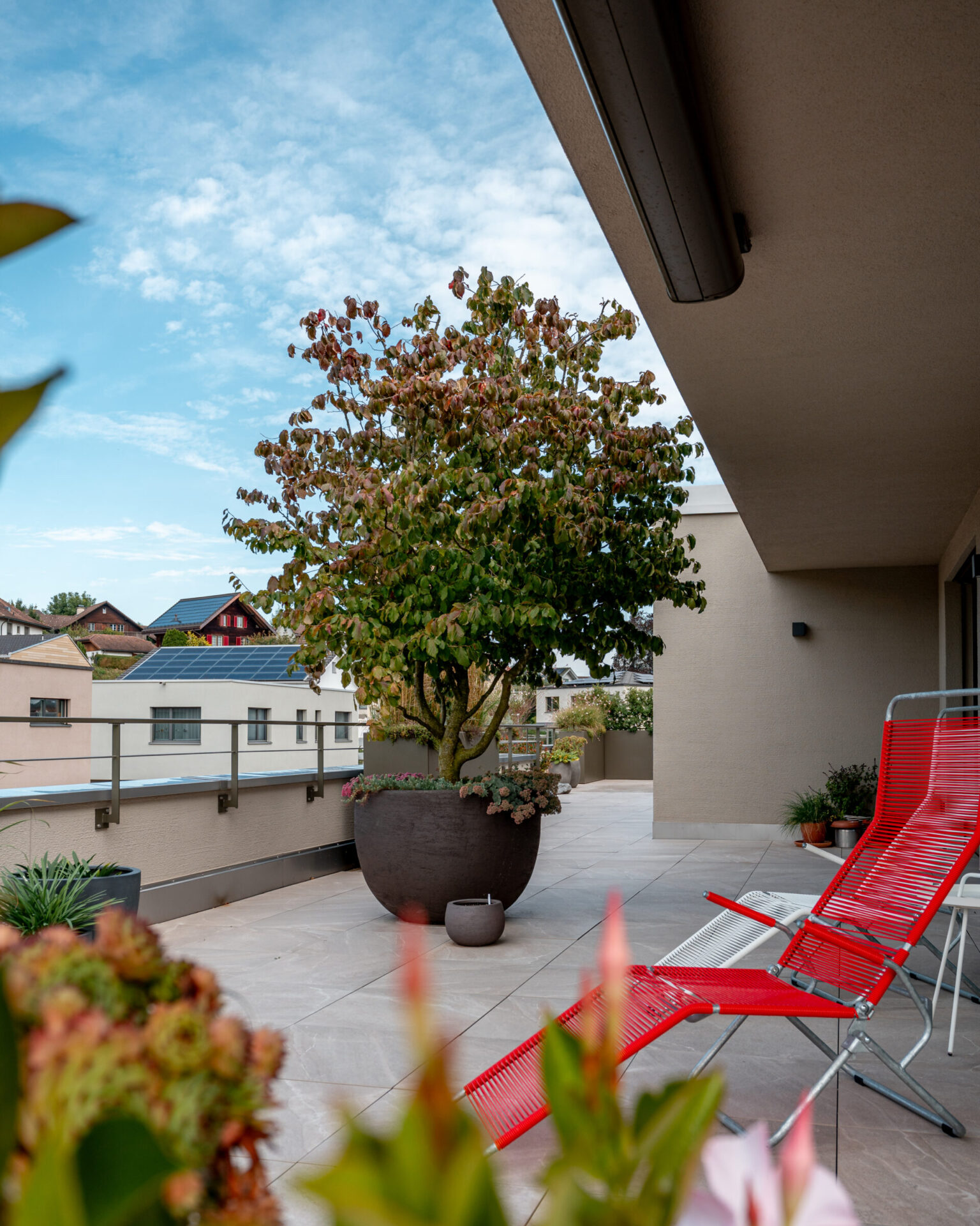 Moderne Terrasse mit Pflanzen und Liegestühlen.