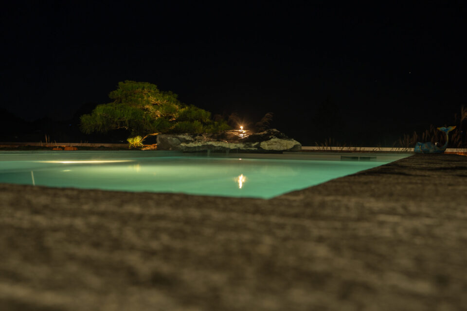 Nachtaufnahme eines beleuchteten Pools mit Bäumen