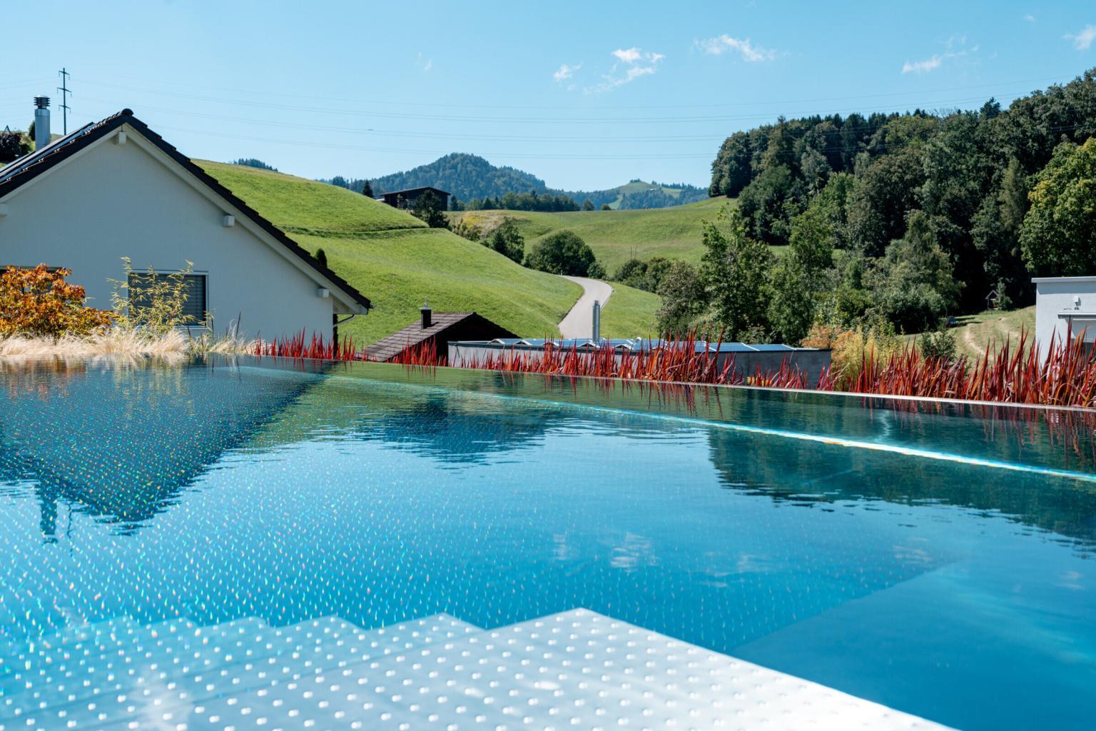 Infinity-Pool in idyllischer Landschaft