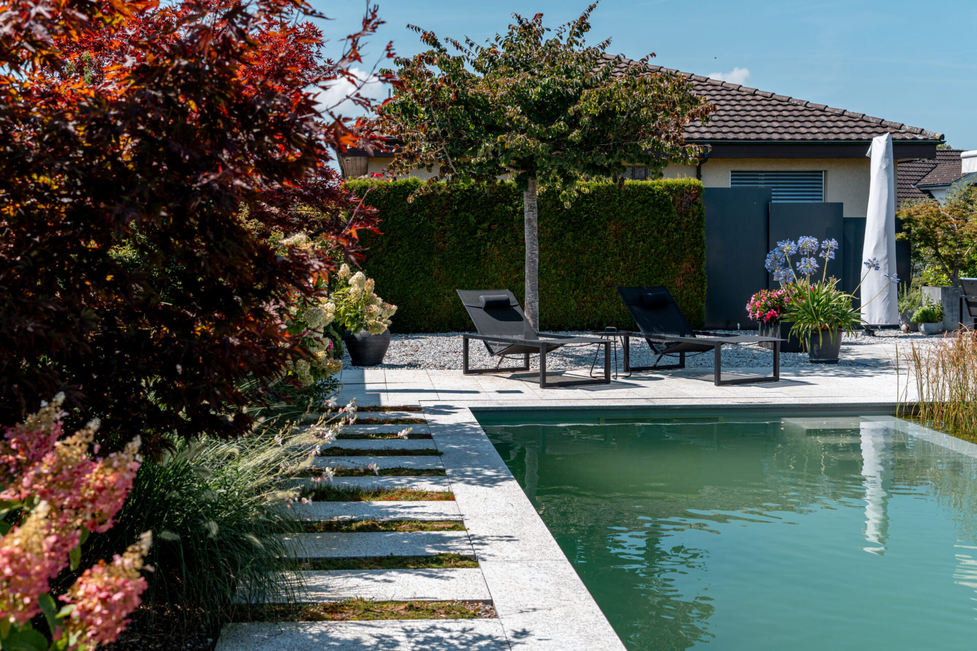 Gartenlandschaft mit Pool und Liegestühlen