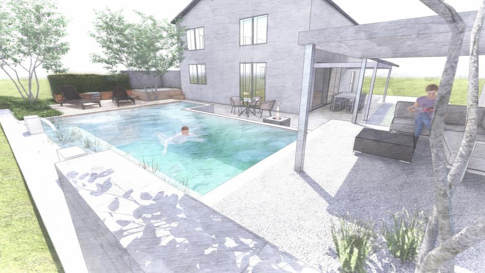 Modernes Haus mit Garten und Pool.