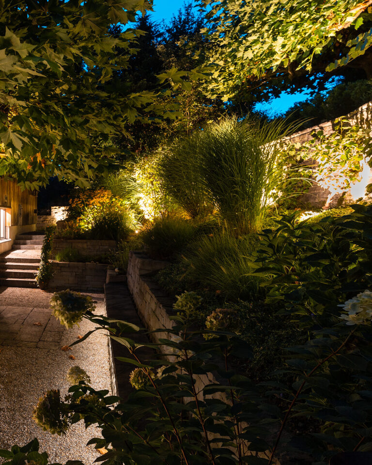Nachtbeleuchteter Gartenweg mit Pflanzen und Treppen.