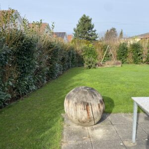 Garten mit Holzskulptur und Rasenfläche