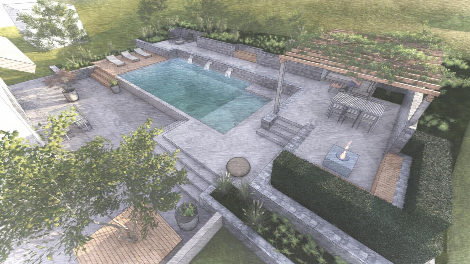 Moderne Terrasse mit Pool und Pergola