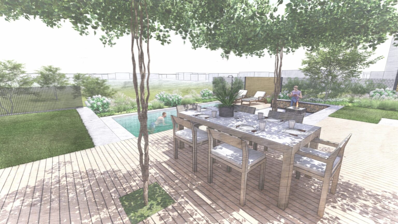 Visualisierung moderner Garten mit Pool und Essbereich