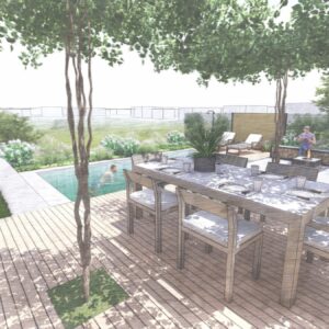 Visualisierung moderner Garten mit Pool und Essbereich