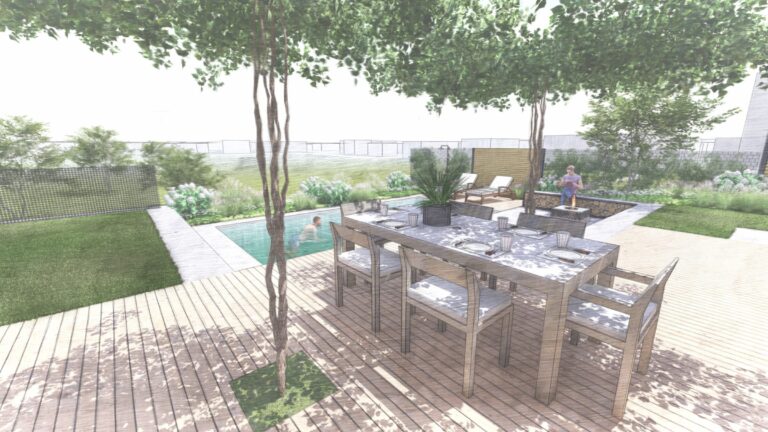 Visualisierung moderner Garten mit Pool und Essbereich